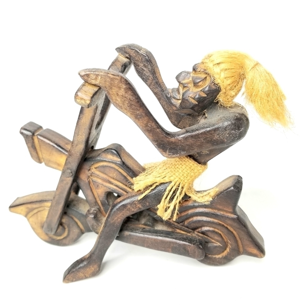 Handcarved Wooden Primitive Man Tiki Figurine Motorcycle Rider Biker  Decor
